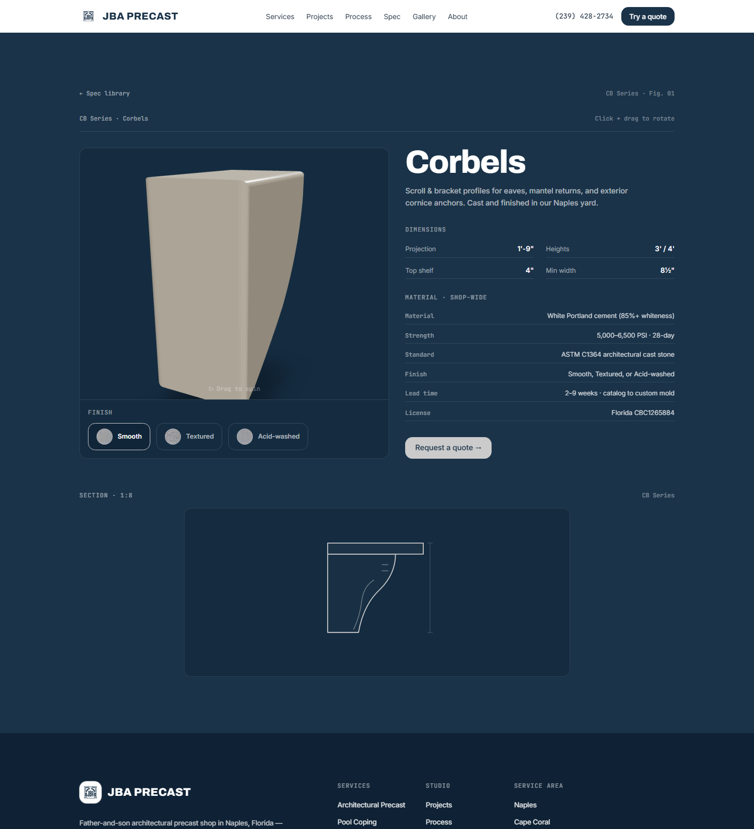 JBA Precast spec page — live 3D corbel viewer, finish swatches, full spec data and instant quote, built by CMM